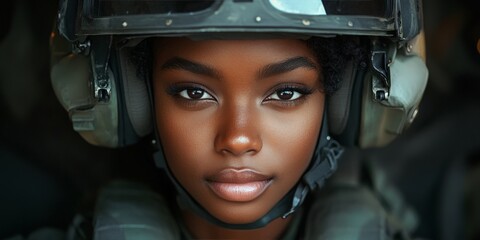 A powerful portrait of a female soldier in combat gear, symbolizing strength and technological integration in modern defense. Perfect for military campaigns and motivational visuals.