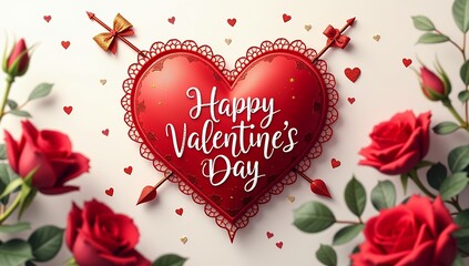 Happy Valentines Day Greeting Card with Red Heart and Roses and flowers, Valentine's Day Greeting Card