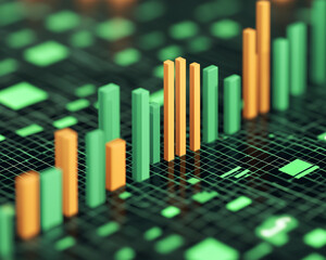 Sustainability project funding business. Green and orange business chart glowing with digital grid overlay