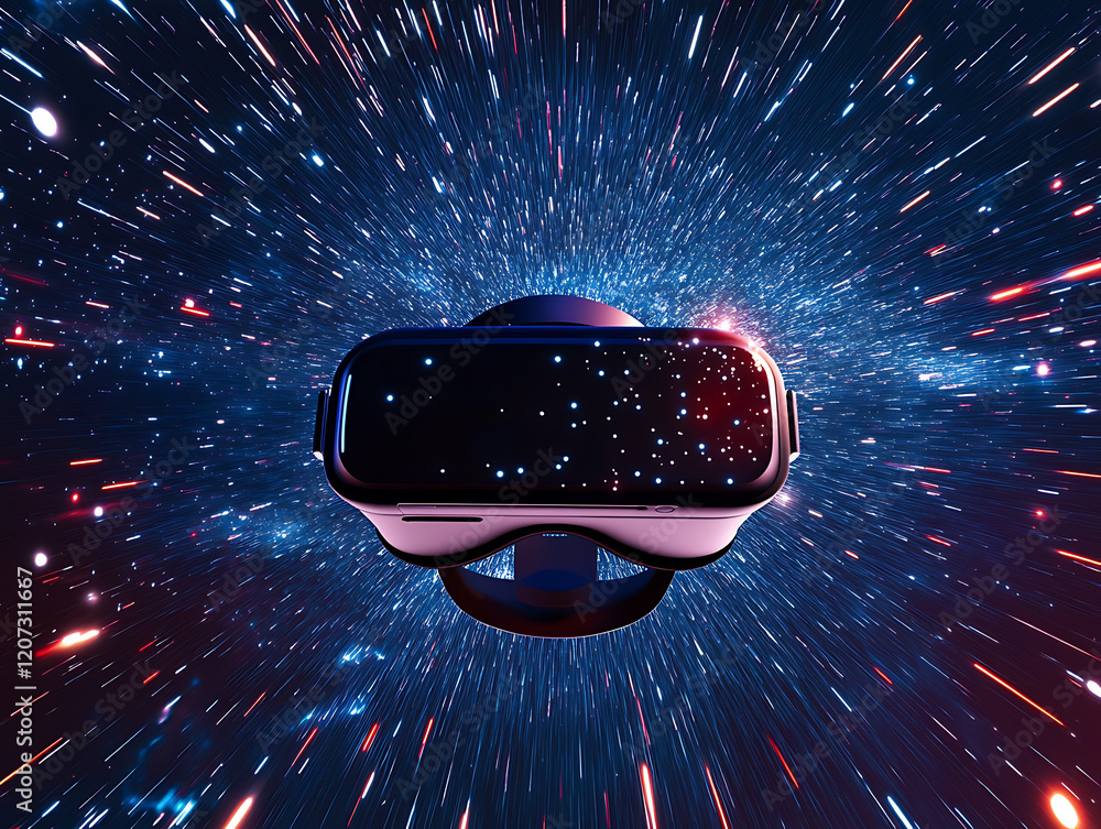 Poster immersive virtual reality headset against backdrop of vibrant digital space, creating sense of explo