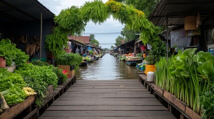 Obraz premium Serene View of a Traditional Market Surrounded by Lush Greenery and Colorful Fresh Produce Along a Tranquil Waterway under Cloudy Sky