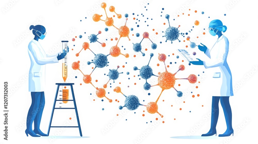 Poster scientists analyzing molecular structures in a laboratory setting with vibrant visual effects