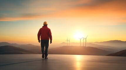 Fototapeta premium A silhouette of a worker in a safety helmet walking toward a beautiful sunset view with wind turbines in the mountains, illustrating renewable energy and sustainable development.