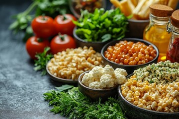 On a blue background, a fast food dish is set free from unhealthy items such as burgers, sauces, French fries, donuts, cola, sweets, ice cream, and biscuits. The absence of these items signifies the