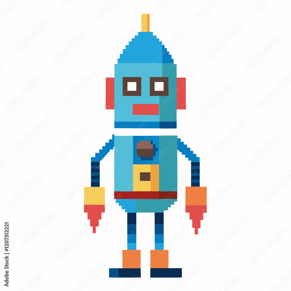 Poster colorful retro pixel art robot character with geometric design