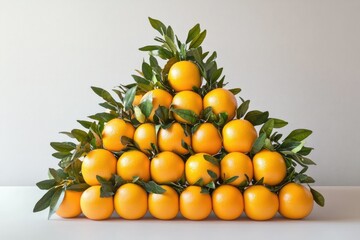 A pyramid of fresh oranges adorned with vibrant green leaves, creating a visually appealing and healthy display.