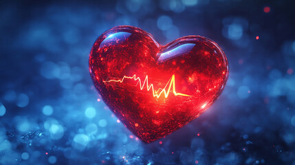 Fototapeta premium Glowing red heart with dynamic cardiogram illustrating health and vitality in a vibrant blue background. Generative AI