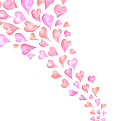 A lot of watercolor delicate pink red hearts flying up illustration. Romantic Valentine day, birthday composition for package decor, greeting cards, invitation, postcard. Copy space for text