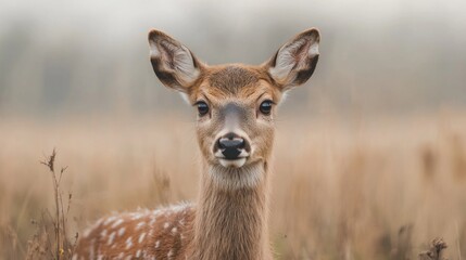 Fototapeta premium Fawn portrait, autumn field, close-up.