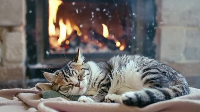 cute kitty sleeping by the fire with snow falling - cozy winter scene in 4k