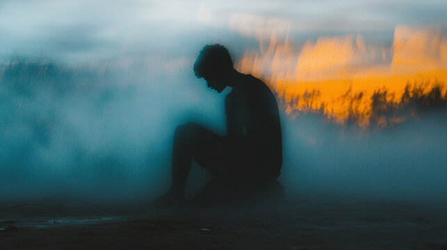 Person sitting in shadow depicting mental turmoil amid abstract background at dusk. Generative AI