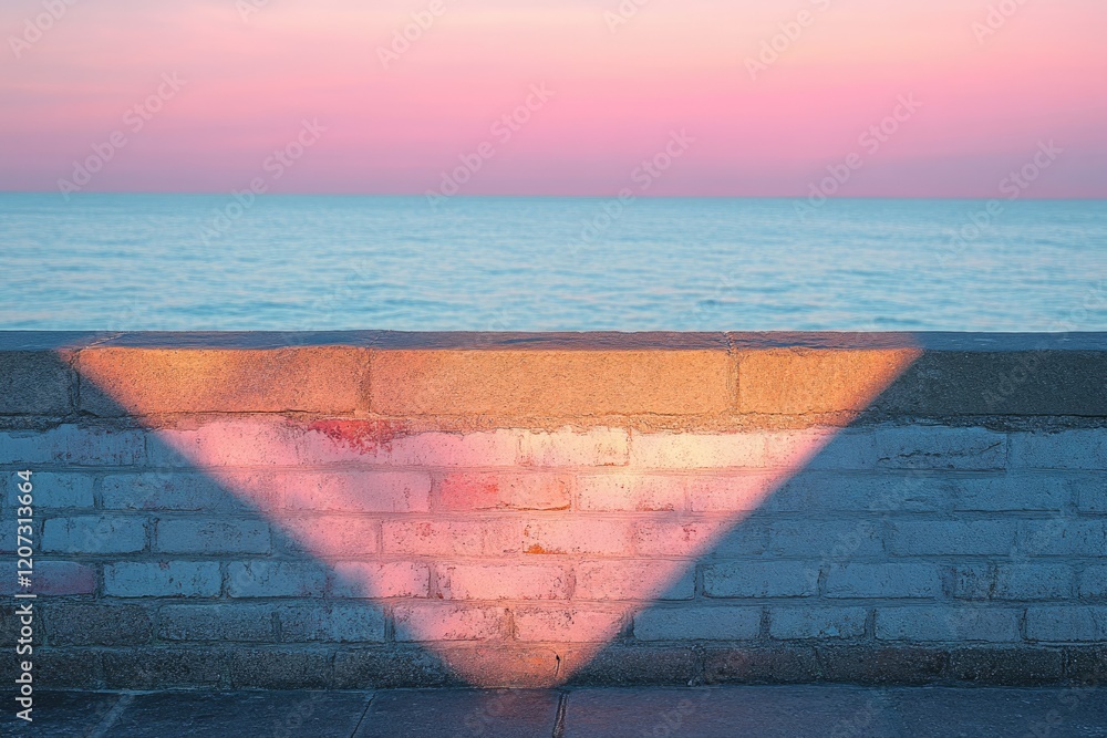 Poster sunset casts a triangular shadow on a seaside brick wall, creating a serene and minimalist scene.