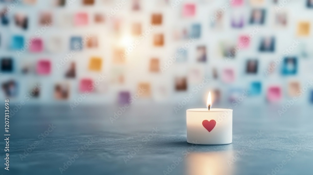 Aufkleber cozy candle with heart symbol on table in front of a softly blurred background filled with colorful 