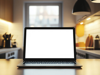 A blank laptop screen standing on the table in the kitchen