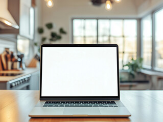 Fototapeta premium A blank laptop screen standing on the table in the kitchen