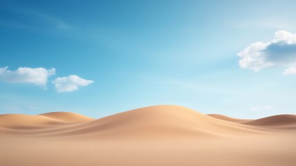 Expansive Desert Landscape under a Bright Blue Sky with Gentle Rolling Sand Dunes and Soft White Clouds Offering a Serene Natural Scene for Exploration and Artwork