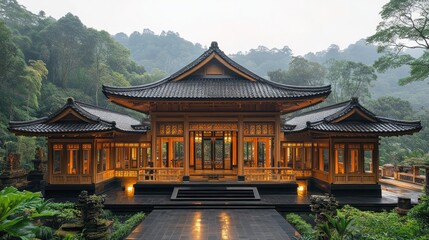 Naklejka premium Illuminated Asian temple nestled in lush green mountains.