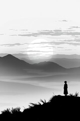 Fototapeta premium Solitude at Sunrise: A lone figure silhouetted against the breathtaking panorama of a misty sunrise over rolling mountains. The scene evokes a sense of peace and contemplation.