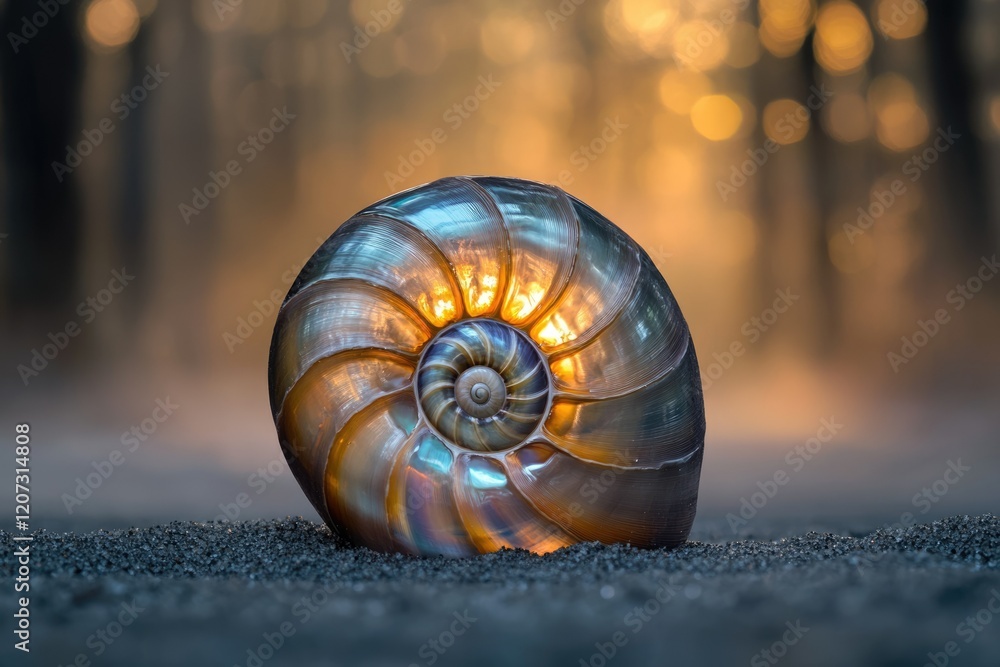 Poster a mesmerizing iridescent nautilus shell glows with inner light against a blurred sunset forest backd