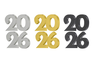 3D vector numbers 2026 in a silver color. Design object for New Year greeting cards, advertising banners. Metal numbers are bold and sleek, and with sharp edges. 3D element isolated on white