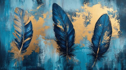 Blue gold feathers art canvas texture background