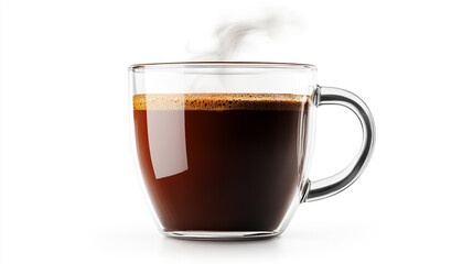 A clear glass mug filled with rich, steaming hot chocolate, set against a white background