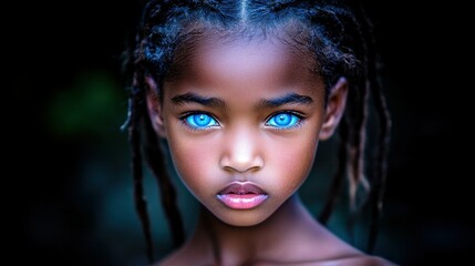 Fototapeta premium A child stands confidently, showcasing beautiful blue eyes and intricate braided hair. The soft lighting highlights their facial features, creating a stunning visual contrast
