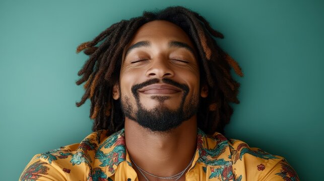 A man with dreadlocks smiles contentedly while lying on a surface painted in a bold green color. His floral shirt adds a touch of brightness to the relaxed atmosphere