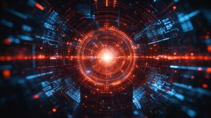 Obraz premium Abstract Digital Tunnel with Glowing Sphere and Data Streams