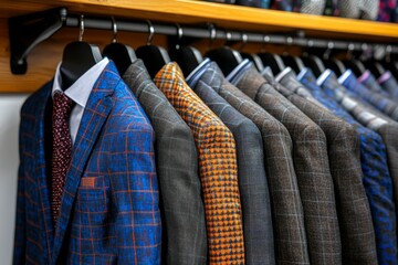 Obraz premium Stylish collection of tailored suits hanging in a boutique showcasing various patterns and colors
