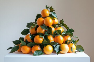 A pyramid of fresh oranges with green leaves, arranged on a white surface.