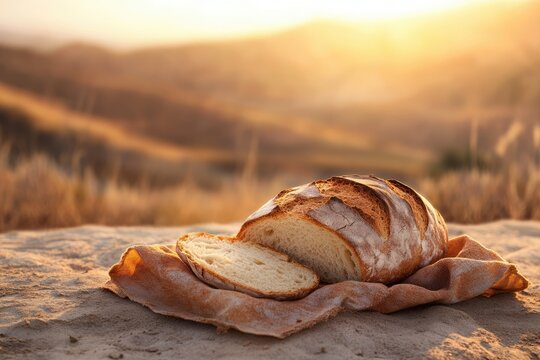 A loaf of freshly baked bread rests on a rustic cloth outdoors at sunset, a simple yet evocative scene.