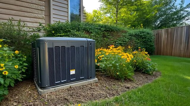 Home Generator Installation: Residential Backup Power System in Backyard Setting