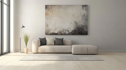 A minimalist living room with a sofa, a potted plant, a lamp and a painting on the wall