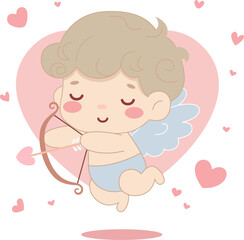 Cute baby cupid character with a bow, St. Valentine s day, pastel colours. Vector illustration in flat cartoon style