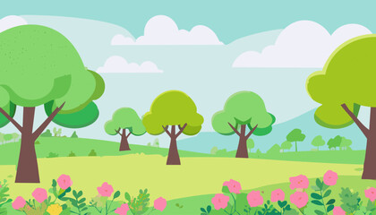 Spring landscape with trees and flowers. Vector illustration in flat style.