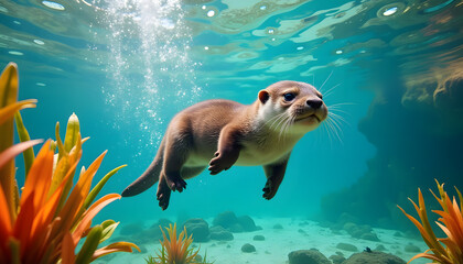 Obraz premium Baby otter swimming in clear turquoise water surrounded by colorful underwater plants
