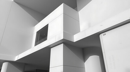Obraz premium Monochrome Architectural Marvel: A Study in Geometric Forms and Shadows. The interplay of light and shadow on the building's stark white surfaces creates a captivating minimalist aesthetic.