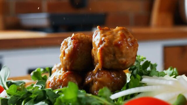 slow motion shot of meatballs splashing into fresh ingredients - 4k culinary spectacle