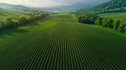 Fototapeta premium Lush green farmland stretches across rolling hills under a cloudy sky, showcasing a vibrant landscape in nature's embrace.