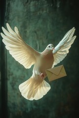 White dove carries envelope, airborne message.