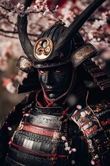 Samurai warrior dressed in traditional armor standing under cherry blossom trees, showcasing rich cultural heritage and historical significance of Japan.
