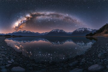 Milky Way arching over a tranquil lake reflecting snow-capped mountains under a starry sky.