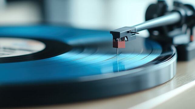 Gros plan artistique d'un bras de platine jouant un vinyle bleu 