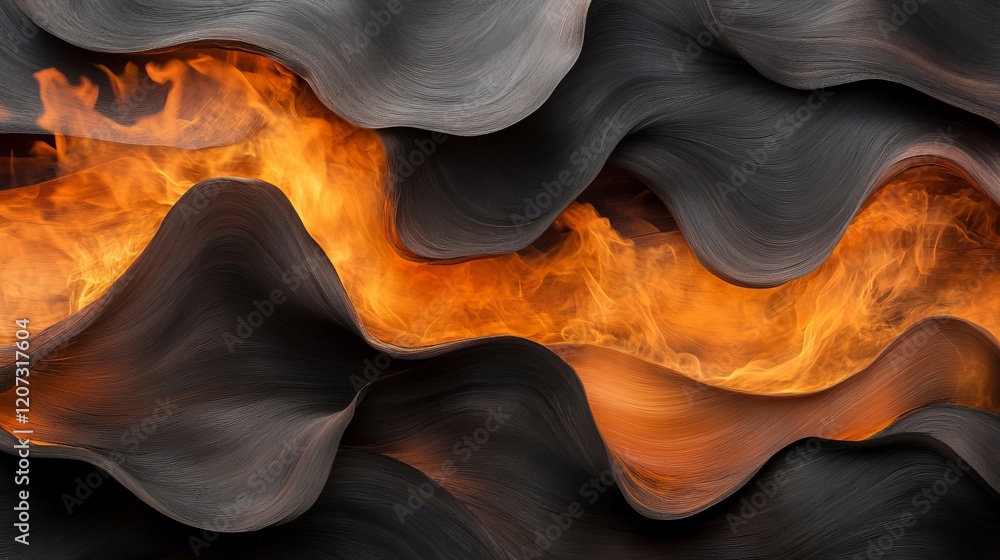 Poster abstract composition of dynamic waves with fiery flames and textured dark surfaces creating a striki