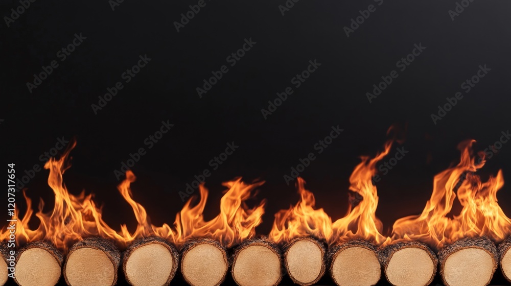 Poster wooden logs stacked in a row with bright flames dancing above them against a dark background, creati
