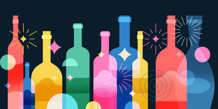 Colorful wine bottles and fireworks. Vector illustration. Alcoholic, non-alcoholic drinks menu, bar design elements