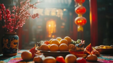 Abundant Fruit Offering at Asian Temple Festive Setting