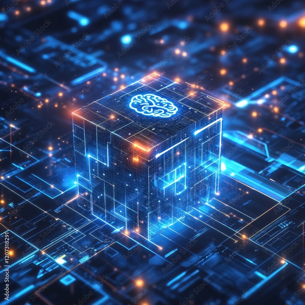 Aufkleber digital brain cube futuristic technology ai network data innovation