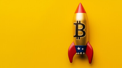 american toy rocket with bitcoin logo on it isolated on yellow background